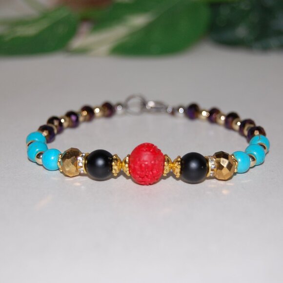 Multicolor Bracelet,Carved Charm,Stone and Glass Beads,Clasp Closure Bracelet - Picture 2 of 2